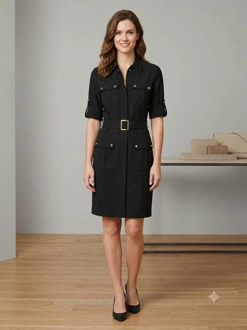 Michael Kors Utility Shirt Dress 2X Black Belted Zip-Front Pocket Snaps